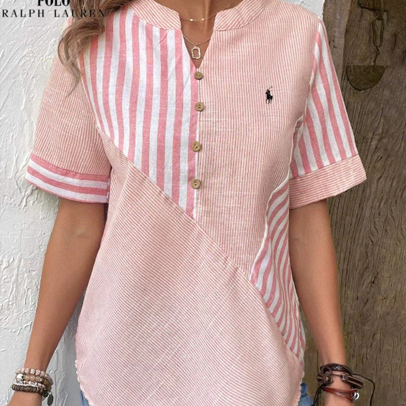 RALPH LAUREN - Camicia in cotone e lino con righe asimmetriche e collo a V