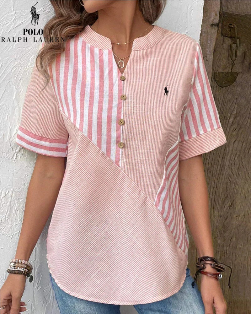 RALPH LAUREN - Camicia in cotone e lino con righe asimmetriche e collo a V