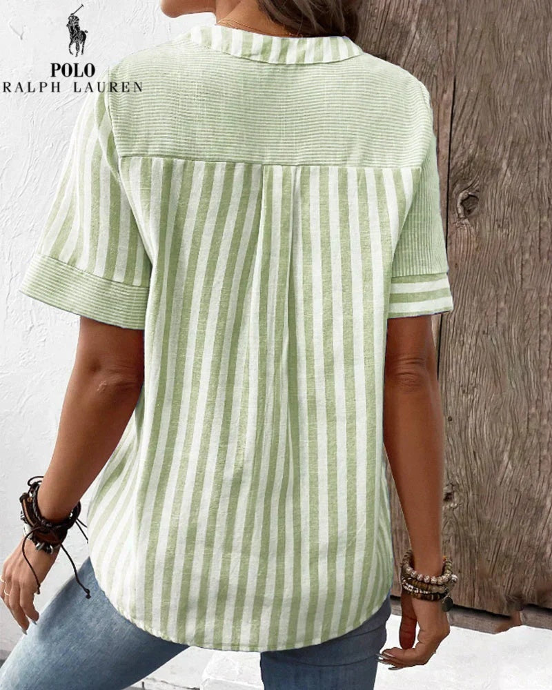 RALPH LAUREN - Camicia in cotone e lino con righe asimmetriche e collo a V