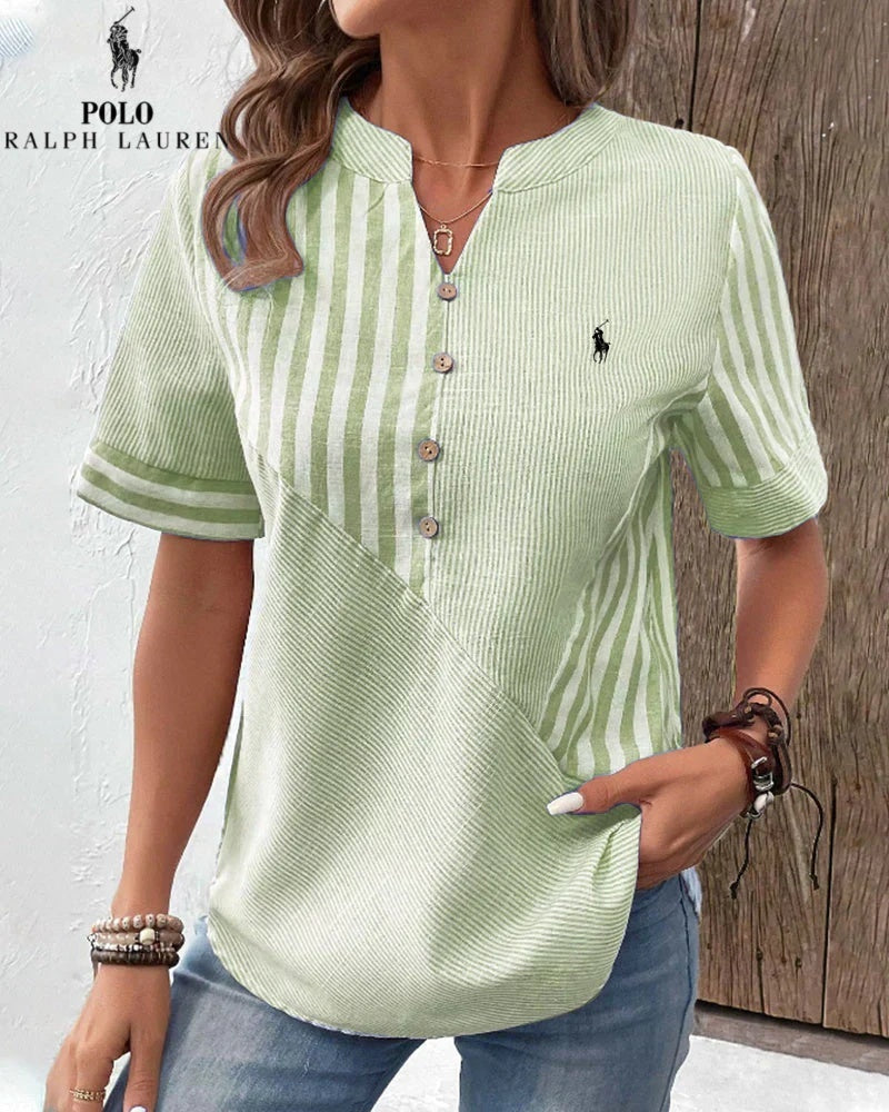 RALPH LAUREN - Camicia in cotone e lino con righe asimmetriche e collo a V