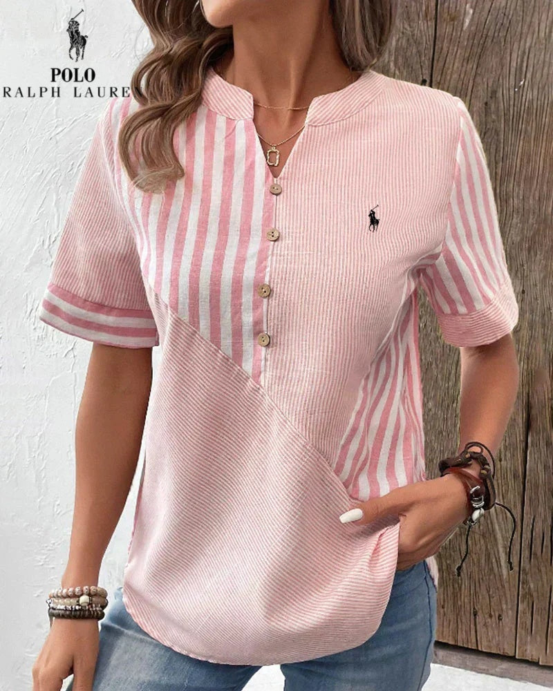 RALPH LAUREN - Camicia in cotone e lino con righe asimmetriche e collo a V